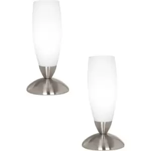 Image of 2 PACK Table Lamp Colour Satin Nickel Shade White Glass In Line Switch E14 40W