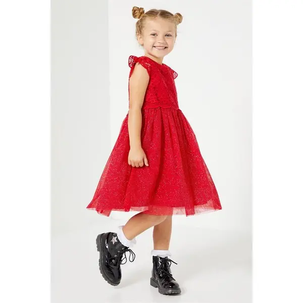 Image of Studio Flower Girl Glitter Mesh Dress Red - Red 6 - 9 Months