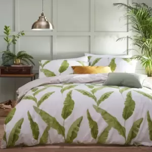 Image of Furn. Plantain Leaf Green Reversible Duvet Cover and Pillowcase Set White and Green