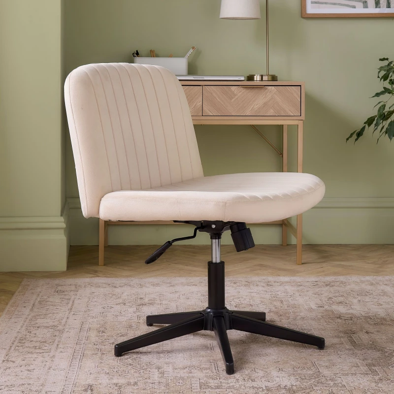 Image of Vonhaus Cream Desk Chair For Home Office & Bedroom, Velvet Fabric With Wide Seat & Gas Lift, Tilting Armless Swivel Seat, Dawson