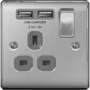 Image of BG Nexus Metal Brushed Steel Single 1 Gang Plug Socket with 2 x USB Outlet Grey Insert 13A - NBS21U2G