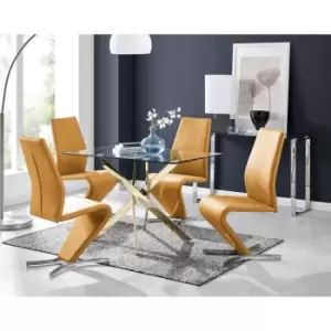 Image of Furniturebox Leonardo 120cm Modern Glass And Gold Metal Leg Dining Table And 4 Mustard Yellow Willow Faux Leather Silver Chrome Feet Dining Chairs