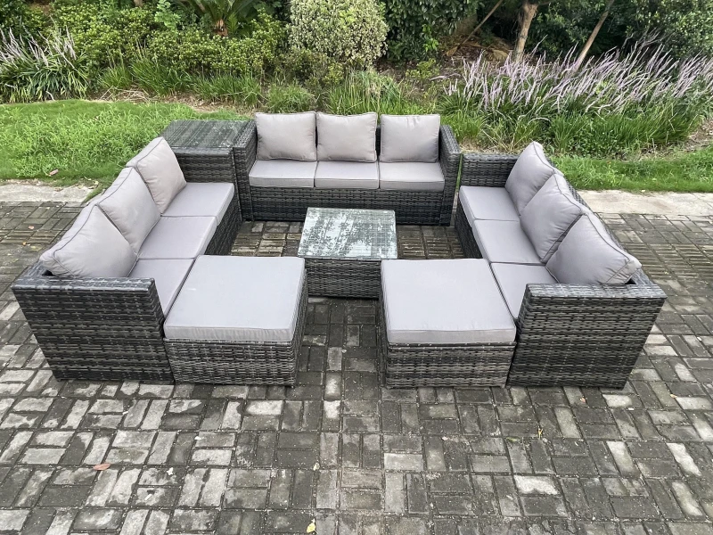 Image of Fimous Outdoor Rattan Garden Furniture Set 11 Seater Patio Lounge Sofa Set with Side Table Square Coffee Table 2 Big Footstool Dark Grey