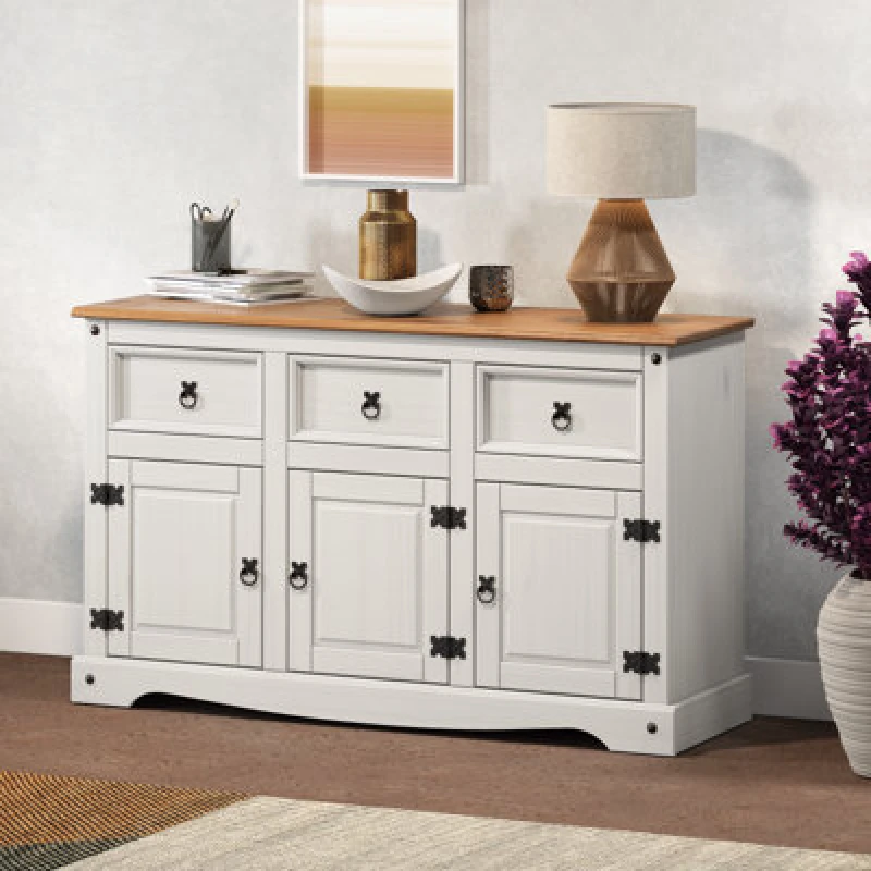 Image of Mercers Furniture Corona White Painted 3 Door 3 Drawer Sideboard Solid Wood Pine With Mexican Styling Wooden