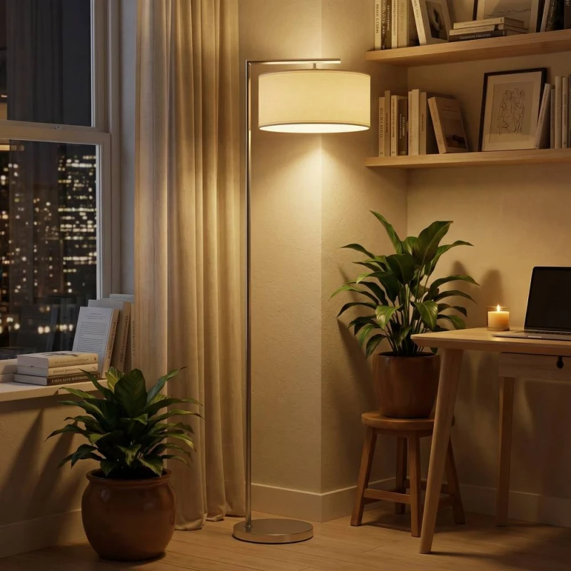 Image of HOMCOM Floor Lamp, Modern Standing Lamp with Linen Lampshade, Silver Tone Silver Unisex