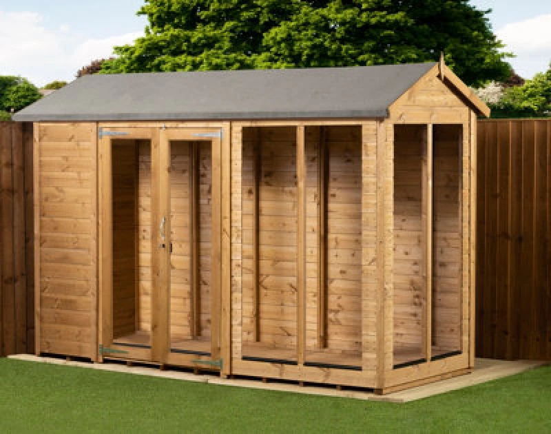 Image of Empire Sheds Empire Apex Summerhouse 4X10 Dipped Treated Tongue And Groove Wooden Garden Shed Double Door (4' X 10' / 4ft X 10ft) (4X10)