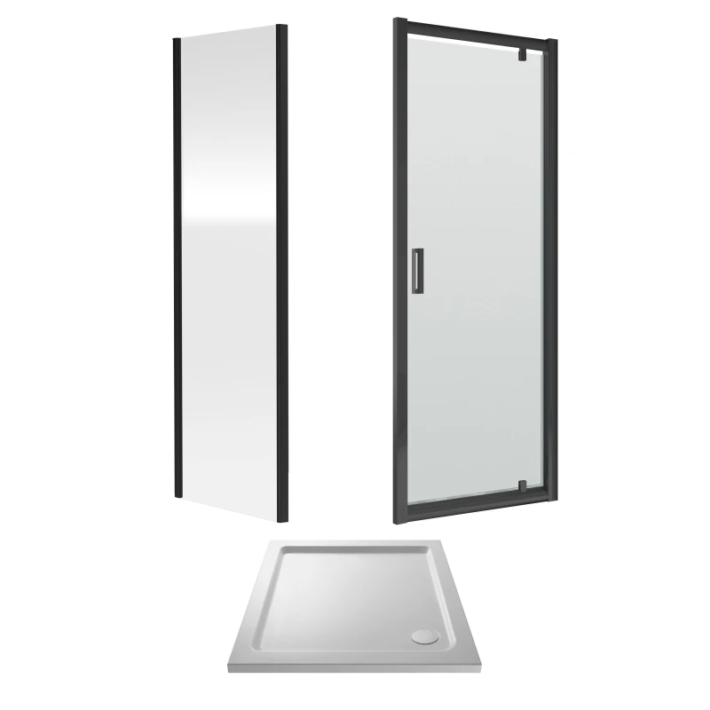 Image of Balterley Ruwa Pivot Suite & 6mm Glass, 760x760mm Tray, Door & Side Panel Black Unisex