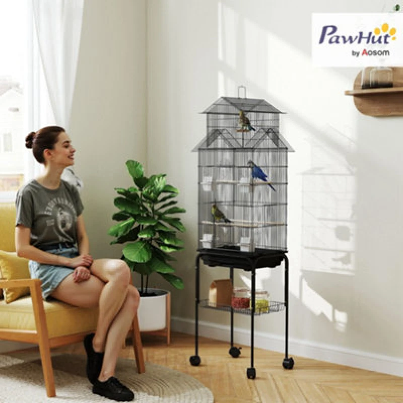 Image of PawHut Metal Bird Cage w/ Perch, Food Container, Handle, for Finch, Canary, Black D10-062V04BK