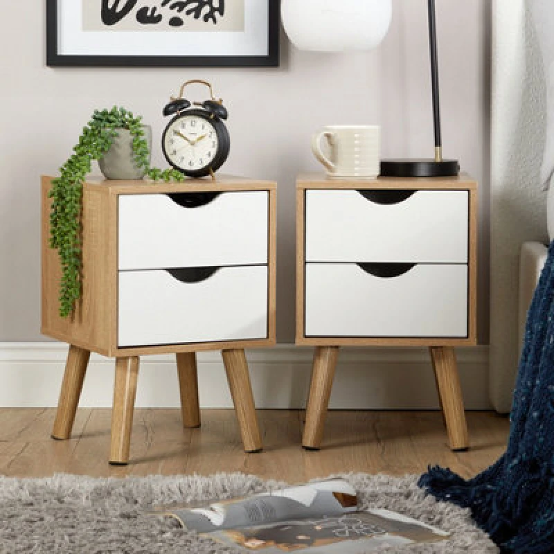Image of Home Source Boden Pair Of 2 Drawer Oak White Bedside Table Storage Units