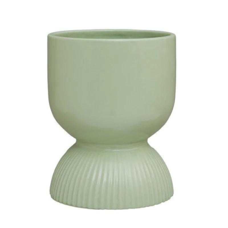 Image of Orsina Sage Green Planter, Durable Ceramic Construction Of Outdoor Pot, Cylindrical Design Garden Flower Planter