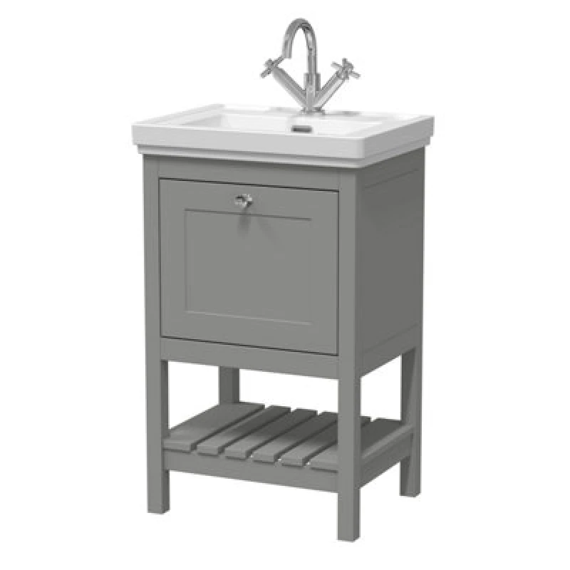Image of Nuie Old London Bexley Floor Standing 1 Drawer Vanity & 1 Tap Hole Fireclay Basin, Stylish Vanity Unit With Basin, Cool Grey, 500mm