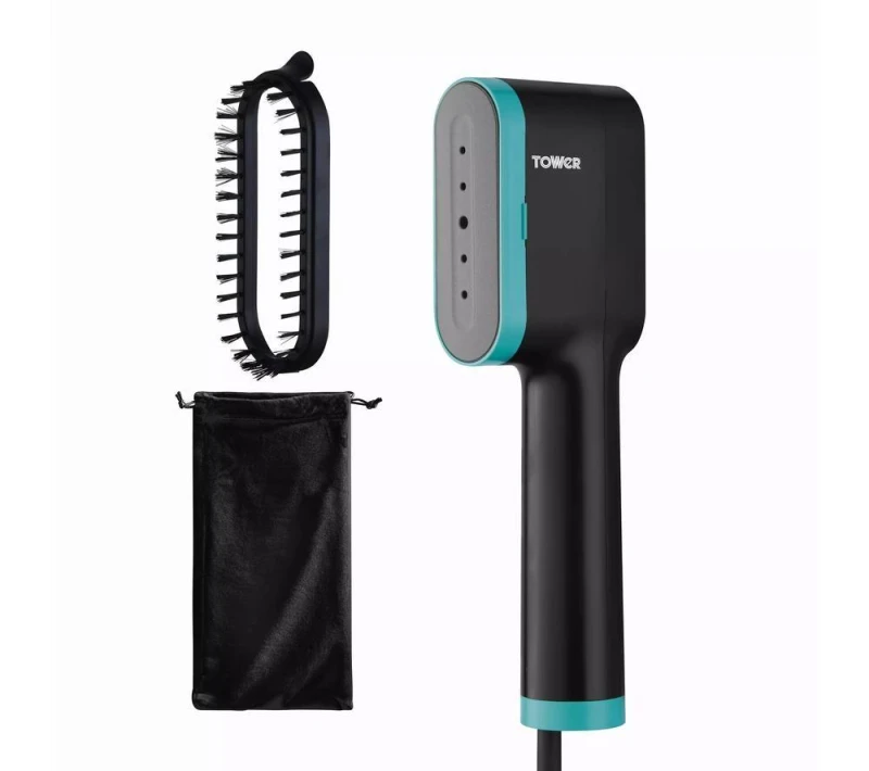 Image of Tower Tower Ceraglide Handheld Garment Steamer with Ceramic Soleplate, Brush Attachment, Vertical Steaming, 1400W, Black & Teal Black A Unisex 5056784