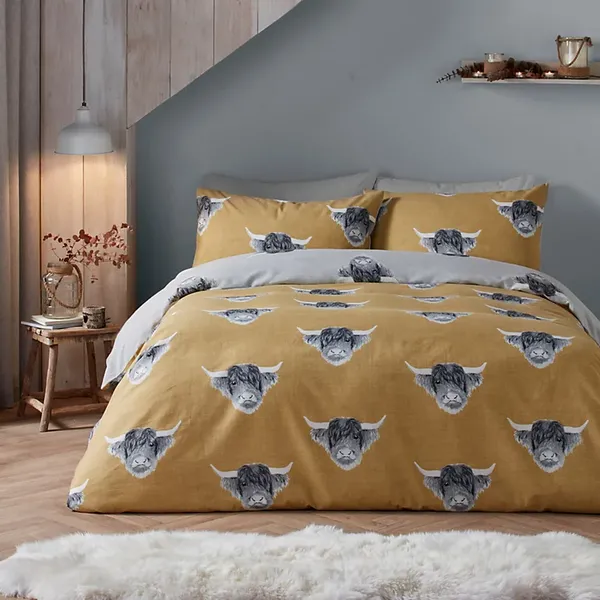 Image of Fusion Snug Highland Cow Ochre Duvet Cover and Pillowcase Set Ochre