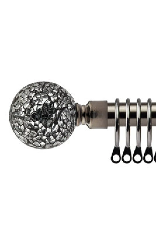 Image of 16-19mm Mirrored Extendable Metal Curtain Pole Set Black Silk 120-210Cm