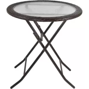 Image of Folding Round Tempered Glass Metal Table with Brown Rattan Edging - Brown - Outsunny