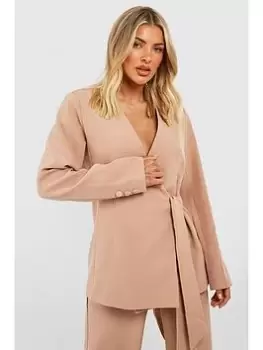 Image of Boohoo Tie Waist Collarless Tailored Blazer - Mocha, Brown, Size 8, Women