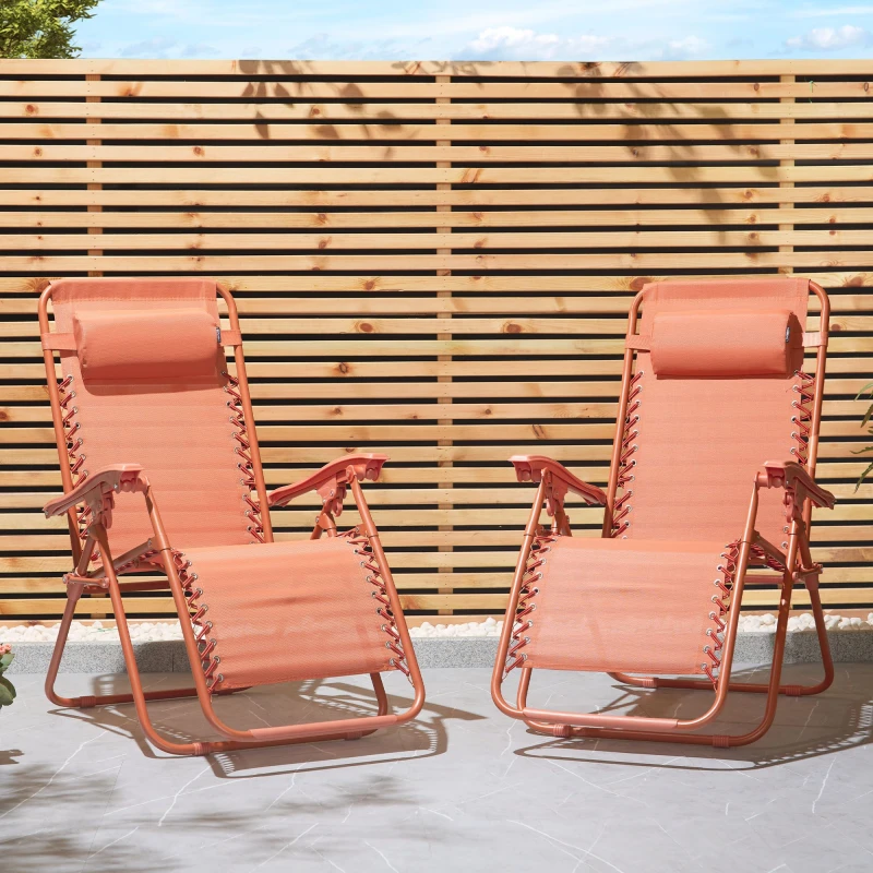 Image of Vonhaus Zero Gravity Chairs Set Of 2, Orange Reclining Sun Loungers For Garden, Textilene Folding Garden Chairs