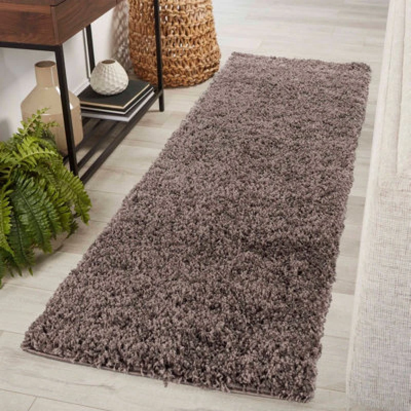 Image of Desire Rugs Plain Living Room Shaggy Area Rugs Taupe Runner 60X220 Cm