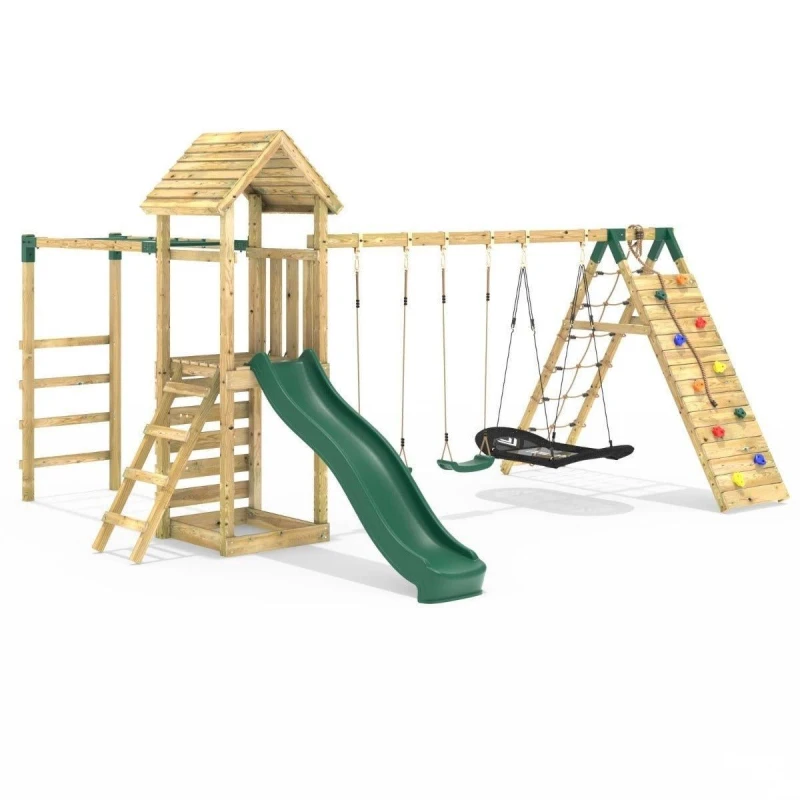 Image of Rebo Wooden Climbing Frame with Swing, Climbing Wall, Monkeybars and Slide - Pyrennes Green Green