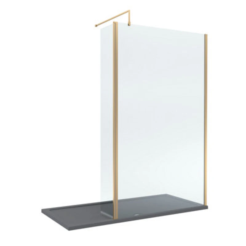 Image of Balterley 8mm Glass Wetroom Screen, Return Brushed Brass and Tray 1700 x 800mm Grey