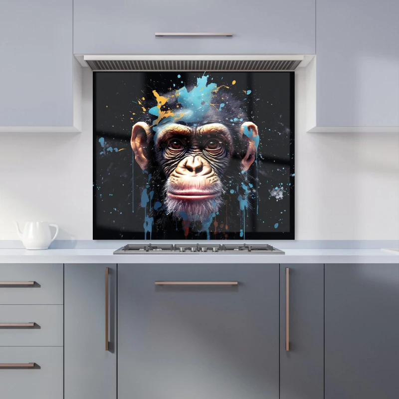 Image of Warren Reed - Designer Monkey Face Splashart with Blue Kitchen Splashback Size: 900mm x 750mm Blue Unisex 900mm x 750mm