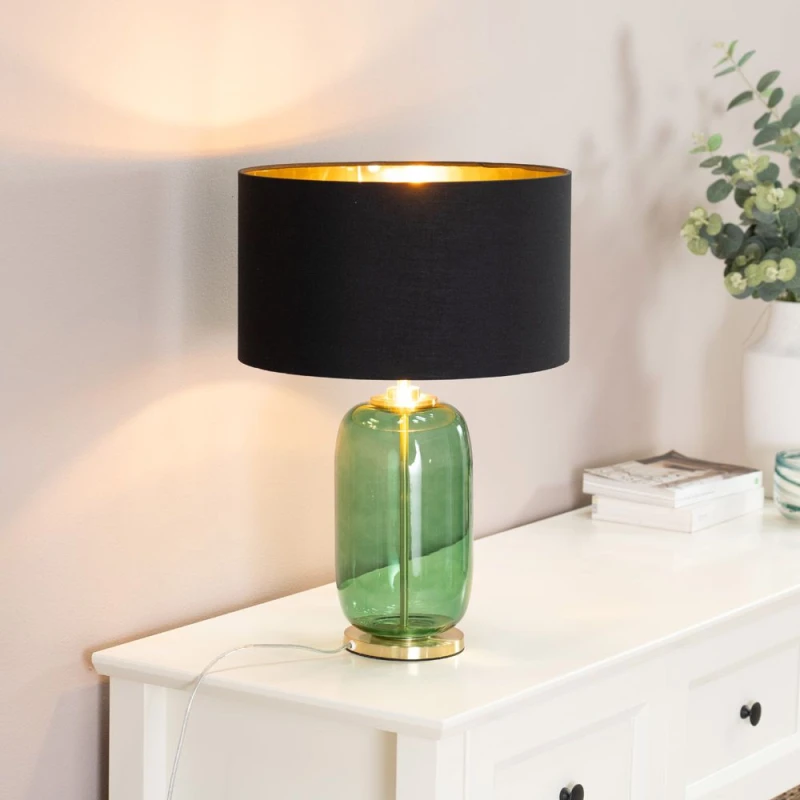 Image of ValueLights Leigh Black with Metallic Gold Shade with Forest Green Glass and Gold Table Lamp Black