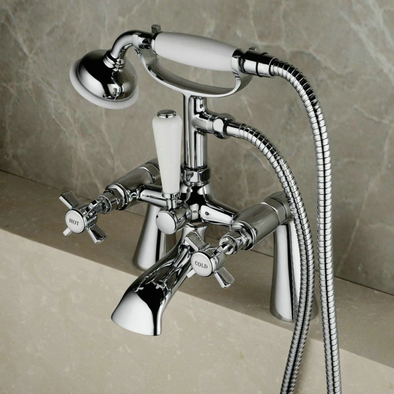 Image of Nes Home Chrome Deck Mounted Bath Shower Mixer Tap Quarter Turn Cross Handle in Silver Silver Unisex