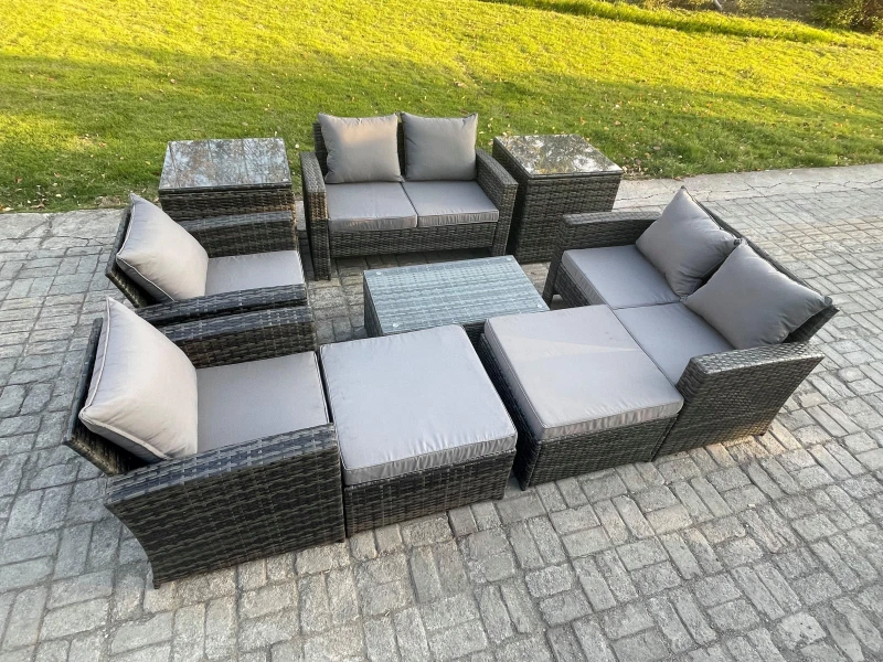 Image of Fimous Garden Furniture Sets 9 Pieces Outdoor Rattan Furniture Manual Wicker Patio Sofa Chair Set With Coffee Table