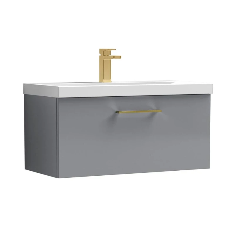Image of Balterley 800mm Wall Hung 1 Drawer Vanity Basin Unit, Satin Grey, Brass Handle in Grey Grey Unisex