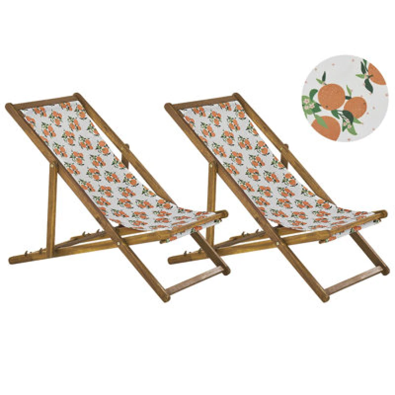 Image of BELIANI Beliani - Set of 2 Folding Deck Chairs Sun Loungers Light Acacia / Oranges Pattern Anzio 311160