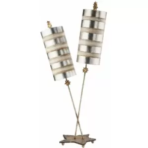Image of 2 Bulb Table Lamp Silver Leaf & Cream Striped Shades Star Leaf Base LED E27 60W
