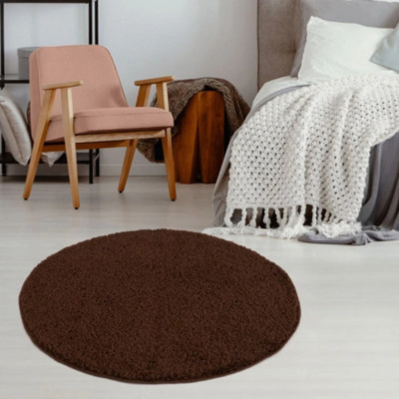 Image of THE RUGS Shaggy Rugs Brown Living Room Rug - Soft Fluffy Thick Carpet For Bedrooms & Kitchen Easy To Clean Home Decor Rugs Size: 120cm diameter Bro