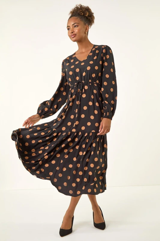 Image of Roman Womens Polka Dot Stretch Midi Dress in Black Size: 20 Black Female 20