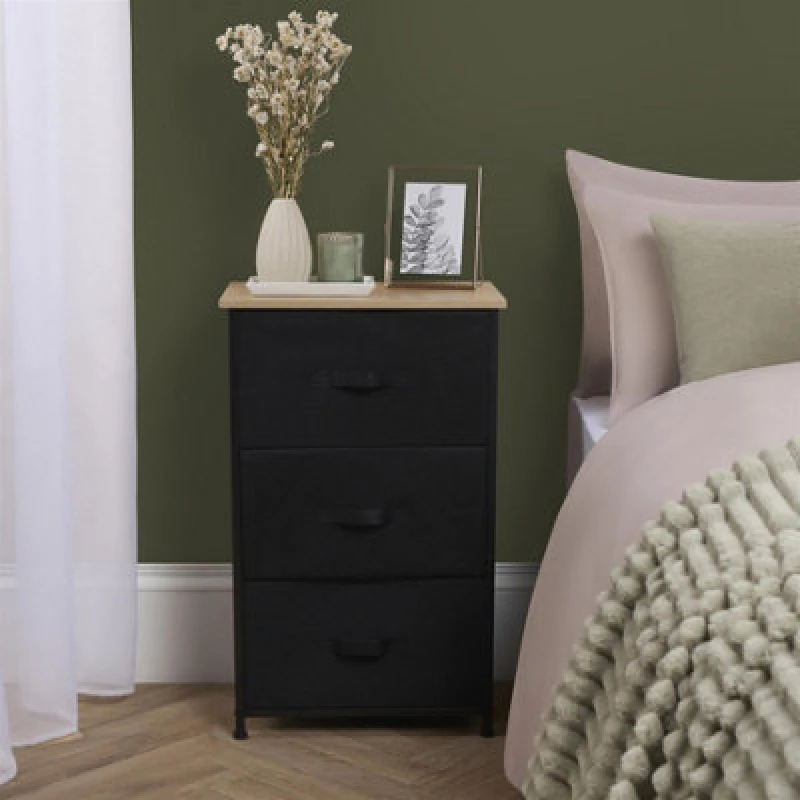Image of OHS OHS Fabric Cabinet Bedside 3 Drawers Storage Unit Home Organiser in Black One Size Unisex 5027434212224