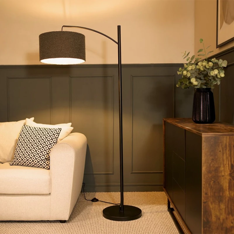 Image of ValueLights Preto Black Metal Curved Floor Lamp With Grey Boucle Shade Black