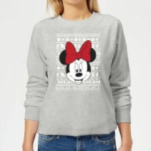 Image of Disney Minnie Face Womens Christmas Sweatshirt - Grey - M