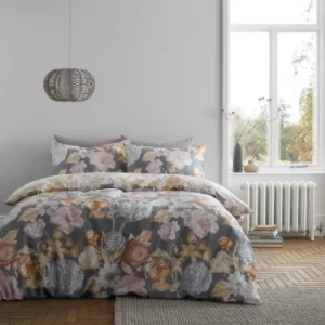 Image of Bianca Fine Linens Tuilleries Charcoal 100% Cotton Duvet Cover and Pillowcase Set Charcoal/Yellow/White