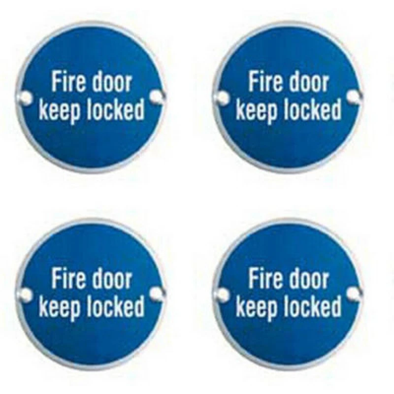 Image of Loops 4x Fire Door Keep Locked Sign 64mm Fixing Centres 76mm Dia Polished Steel Metallics