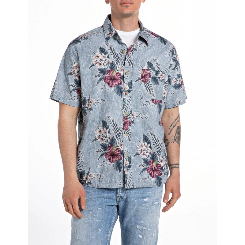 Image of Replay Floral Print Short Sleeve Shirt - Blue Blue S