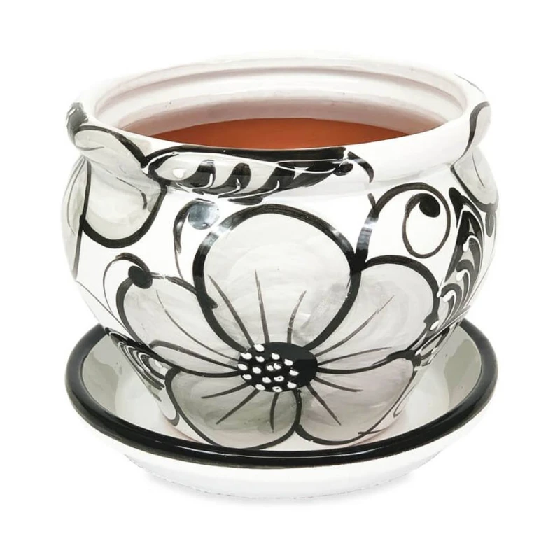 Image of Verano Spanish Ceramics Grey Flowers Hand Painted Outdoor Garden Bola Pot & Drainage Plate (D) 25cm Grey unisex