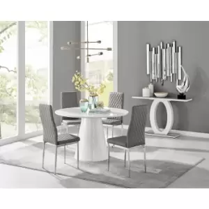 Image of Furniturebox Palma White High Gloss 4 Seat Minimalist Post Modern Round Dining Table & 4 Grey Milan Chrome Leg Faux LFaux Leather Chairs