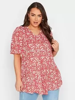 Image of Yours Angel Sleeve Floral Pleat Swing Top - Red, Size 20, Women