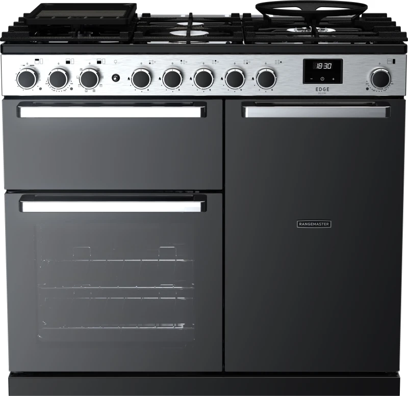 Image of Rangemaster Edge Deluxe EDDL100DFGBLK/CM1 100cm Dual Fuel Range Cooker - Black Glass / Chrome - A/A Rated