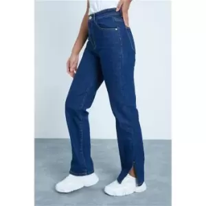 Image of I Saw It First Dark Wash High Waist Side Split Hem Jeans - Blue