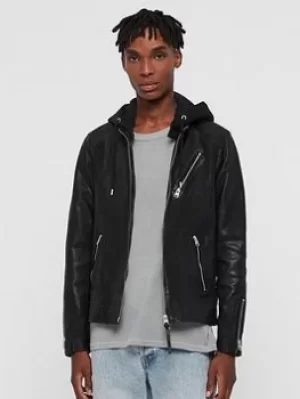 Image of AllSaints Mens Harwood Leather Biker Jacket, Black, Size: L