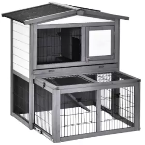 Image of Pawhut Wooden 2 Main House Rabbit Hutch W/ Run & Open Roof - Grey