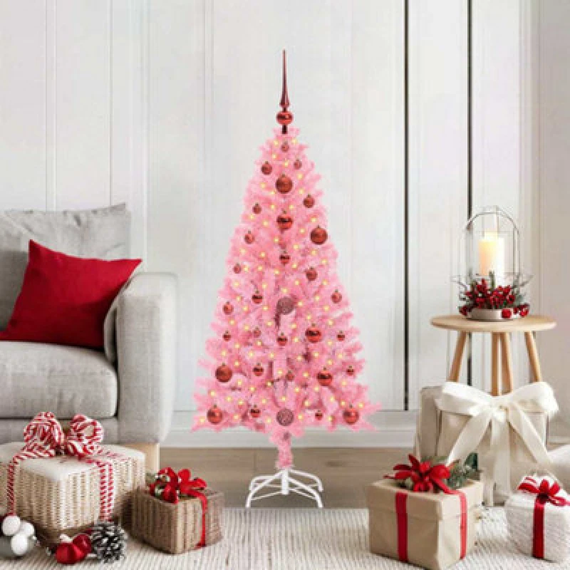 Image of Vidaxl Christmas Tree With 150 Leds With Stand Pink 120 Cm Pvc