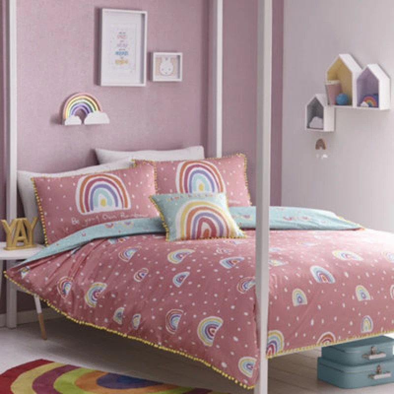Image of Rainbow Pom Single Duvet Cover and Pillowcase Set Pink