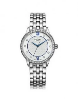 Image of Rotary Exclusive Textured Silver And Blue Detail Swarovski Set Dial Stainless Steel Bracelet Ladies Watch