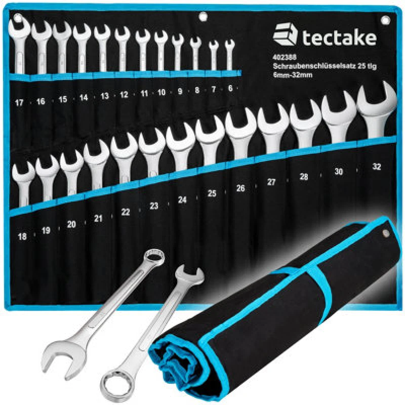 Image of Tectake Spanner Set - 25 Piece Extensive Selection, 6 - 32 mm, Roll Bag With Eyelets Included - Black/blue